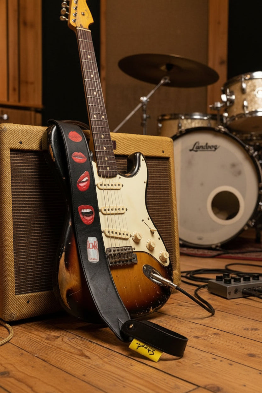 Electric guitar with a strap featuring red and black designs, leaning against a amplifier in a music studio setting.